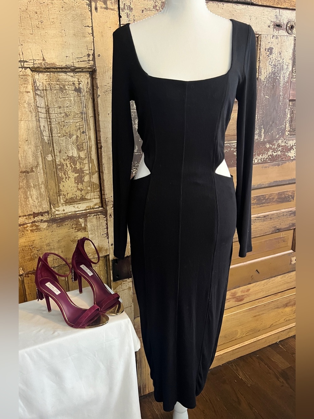 AFRM Black Ribbed Midi Dress | Side Cutout Bodycon | Size M NWOT